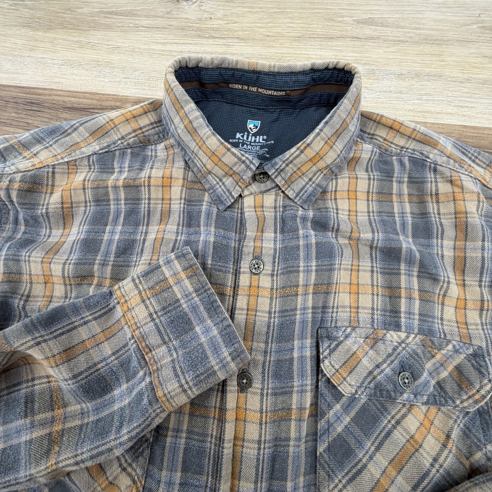 Kuhl Flannel Shirt Dillinger Plaid Mens Large Brown Yellow Long Sleeve Button Up